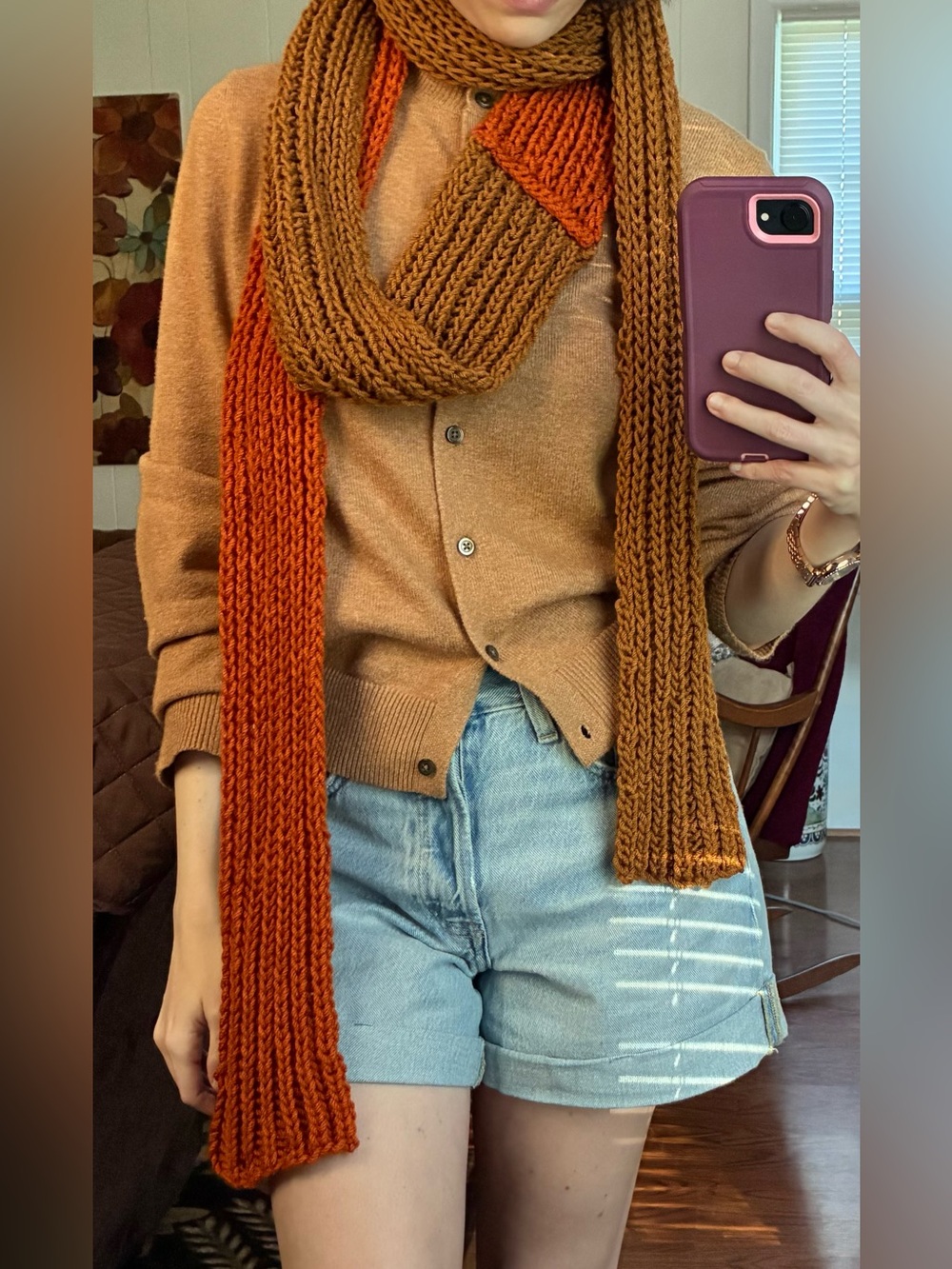 Colorblock Chunky Knit Fall Scarf in Burnt Orange Tan